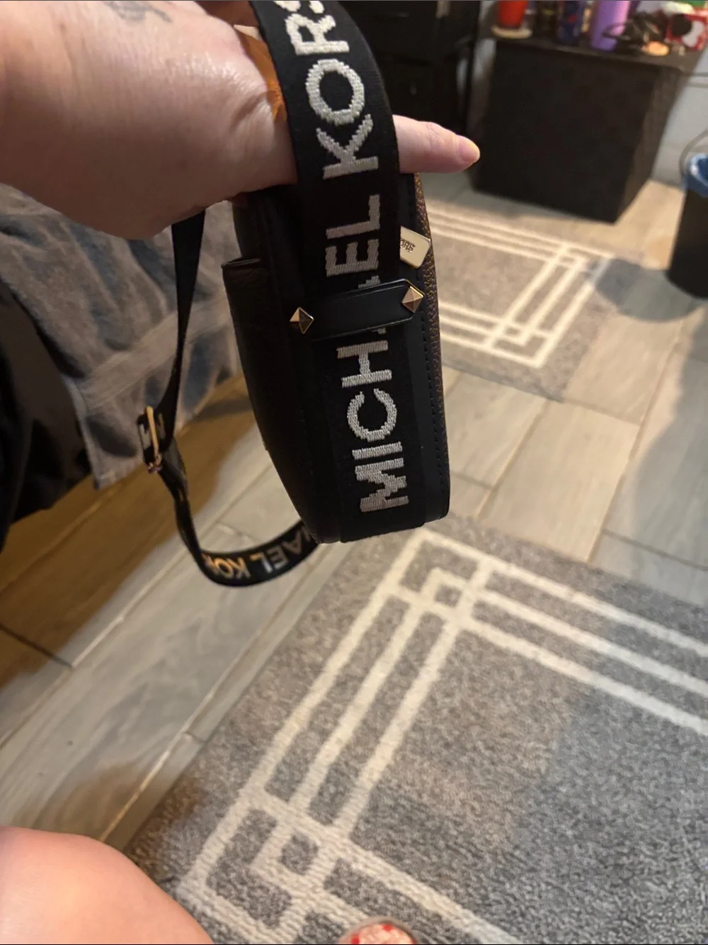 Michael Kors Black Leather Messenger Bag with Branded Strap